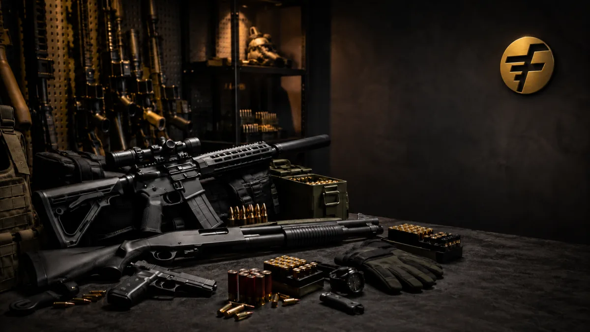 Inside the Frontier Guns & Ammo store - rifles, a shotgun, a pistol and ammunition on the counter
